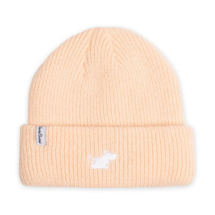 Nordicbuddies Moomin Classics peach beanie with white dog embroidery and branded cuff tag, cozy winter hat accessory.