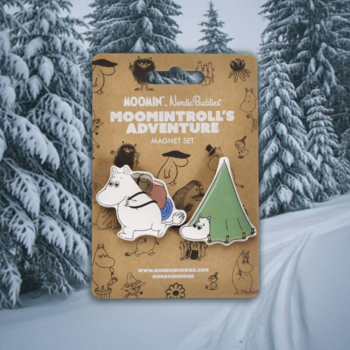 Forager Provisions LTD Moomintroll Adventure MDF magnet set featuring Moomintroll hiking and camping in a green tent.