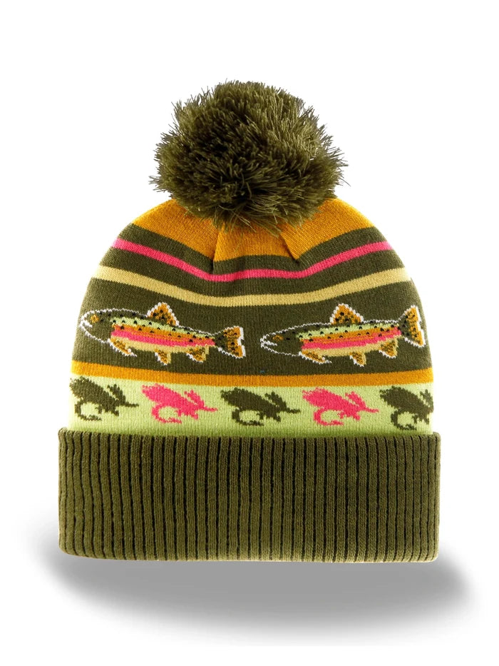 Northern Icons Creations trout & hook pompom beanie—colorful, cozy hat for fishing lovers & outdoor adventure enthusiasts.