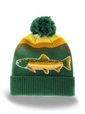 Northern Icons Creations rainbow trout beanie with pom-pom; mountain pattern; perfect outdoor winter hat for fishing enthusiasts.