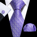 Novelty Light Purple Plaid Silk Tie Handkerchief Cufflinks Set-N-6233 - SimonVon Shop