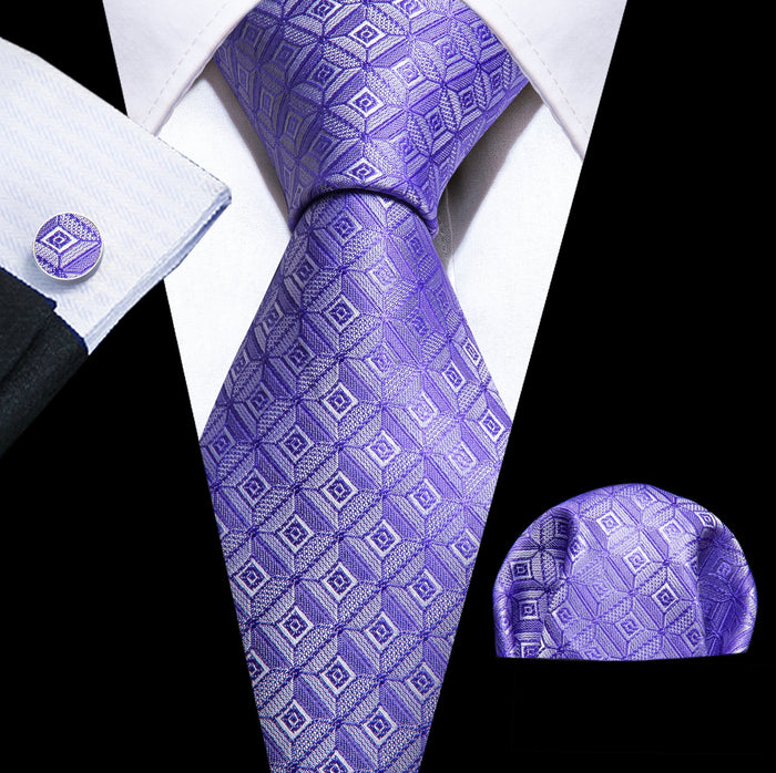 Novelty Light Purple Plaid Silk Tie Handkerchief Cufflinks Set-N-6233 - SimonVon Shop