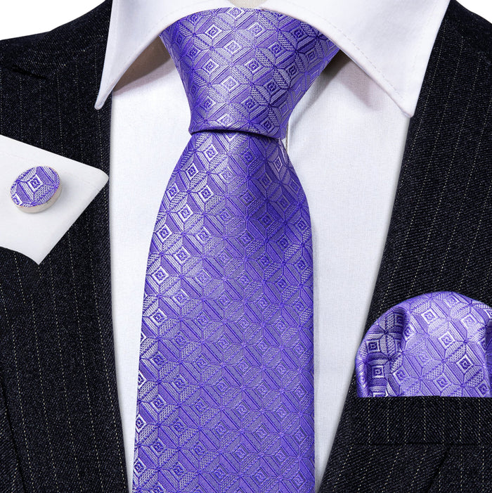 Novelty Light Purple Plaid Silk Tie Handkerchief Cufflinks Set-N-6233 - SimonVon Shop