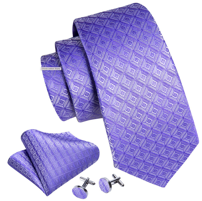 Novelty Light Purple Plaid Silk Tie Handkerchief Cufflinks Set-N-6233 - SimonVon Shop