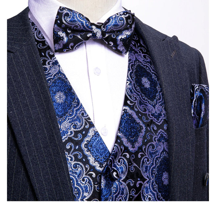 Novelty Men's Blue Black Geometry Paisley Silk Vest Bowie Pocket square Cufflinks-MJ-2505 - SimonVon Shop