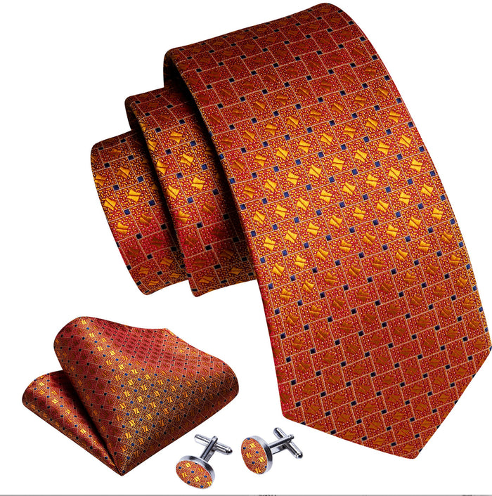 Novelty Orange Blue Plaid Silk Tie Pocket Square Cufflinks Set- N-6406 - SimonVon Shop