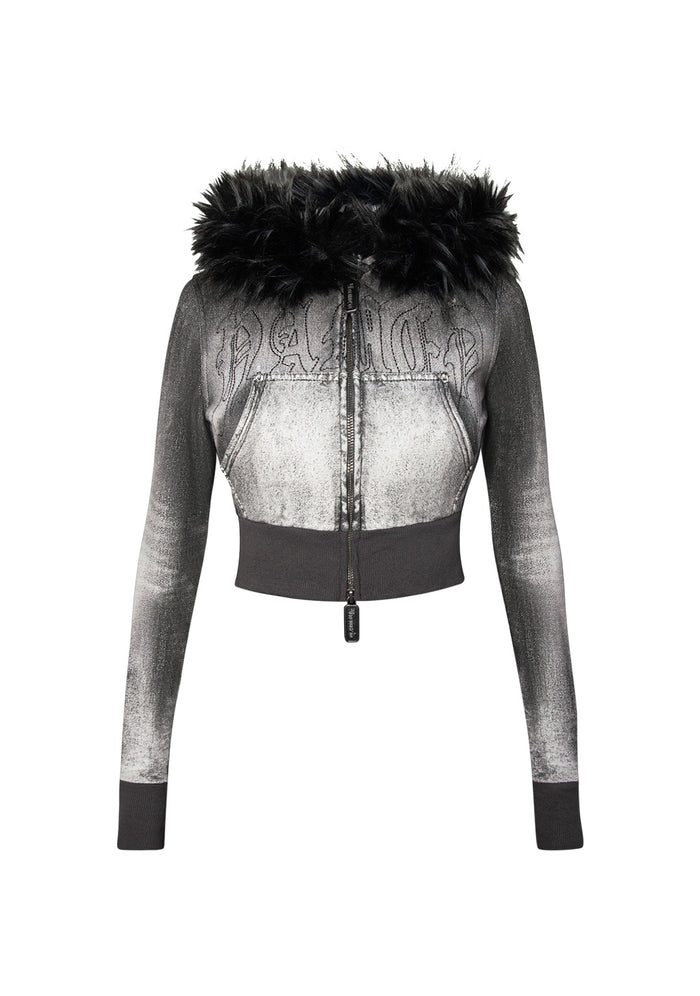 OFF GRID FAUX FUR DENIM EFFECT FITTED ZIP HOODIE WASHED BLACK (DETACHABLE FUR)