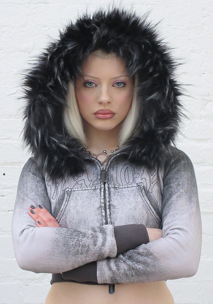 OFF GRID FAUX FUR DENIM EFFECT FITTED ZIP HOODIE WASHED BLACK (DETACHABLE FUR)