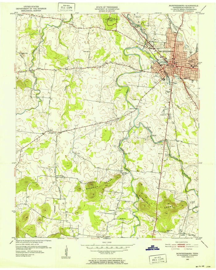 Old Map of Murfreesboro, Tennessee by USGS, 1950 – Stones River Battlefield & Rutherford County