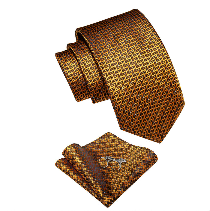 ORANGE BLACK NOVELTY TIE POCKET SQUARE CUFFLINKS SET-N-9543 - SimonVon Shop