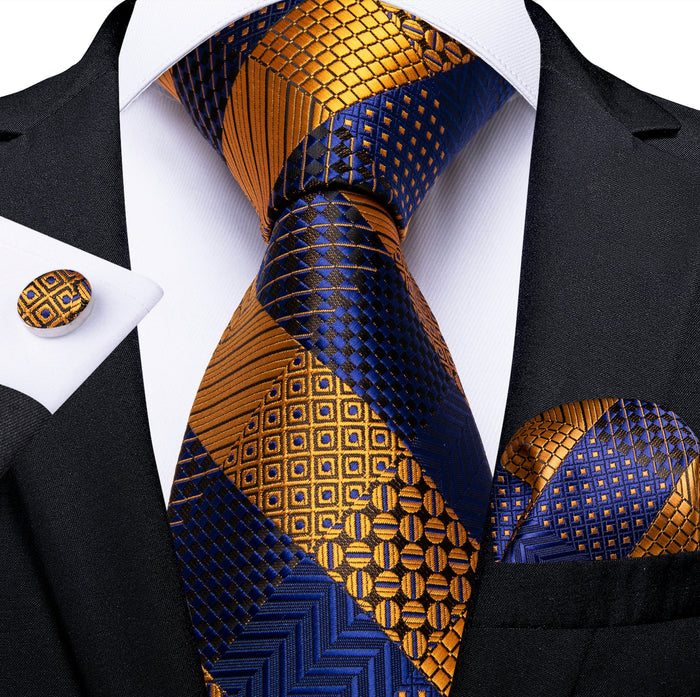 Orange Blue Plaid Tie Pocket Square Cufflinks Set- N-7329 - SimonVon Shop
