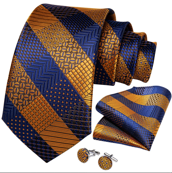 Orange Blue Plaid Tie Pocket Square Cufflinks Set- N-7329 - SimonVon Shop
