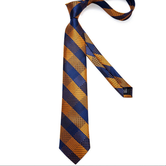 Orange Blue Plaid Tie Pocket Square Cufflinks Set- N-7329 - SimonVon Shop