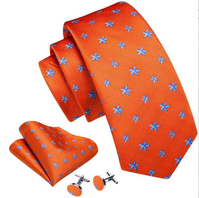 Orange Blue Star Silk Tie Pocket Square Cufflinks Set- N-6510 - SimonVon Shop
