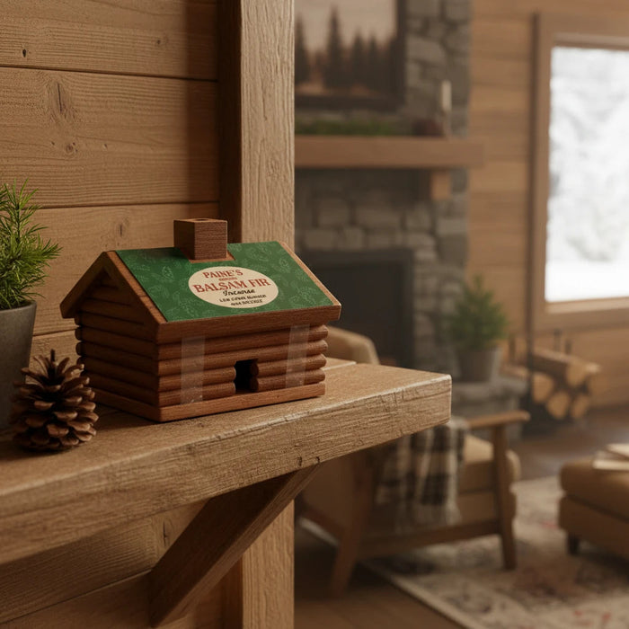 Forager Provisions LTD PAINE’S balsam fir incense log cabin burner on a rustic wooden mantel in a cozy cabin setting.