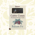 PAINES Balsam Fir Premium Incense Cones box, 25 cones, decorated with pine cones and evergreen trees. Natural aroma gift.