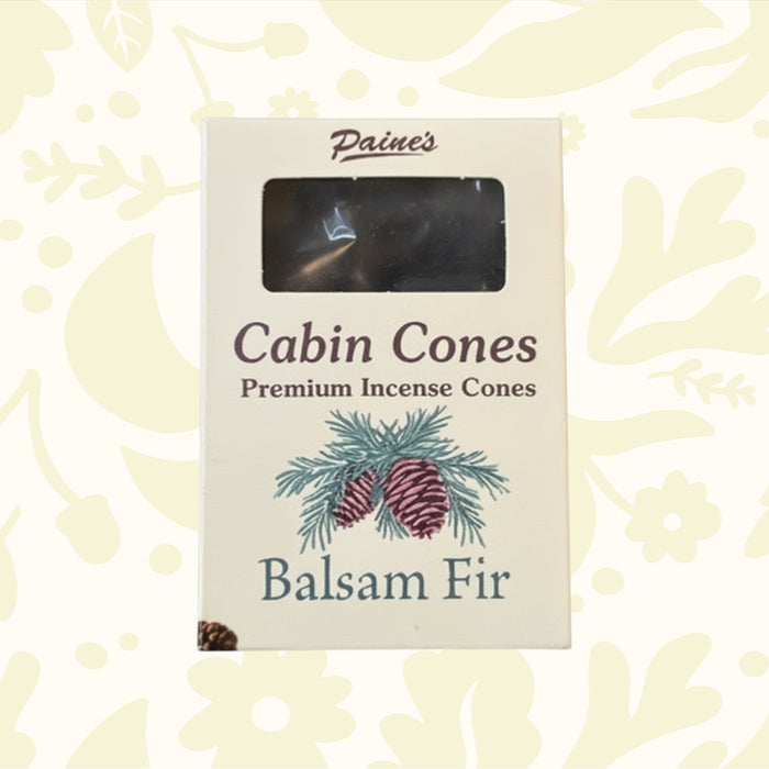 PAINES Balsam Fir Premium Incense Cones box, 25 cones, decorated with pine cones and evergreen trees. Natural aroma gift.