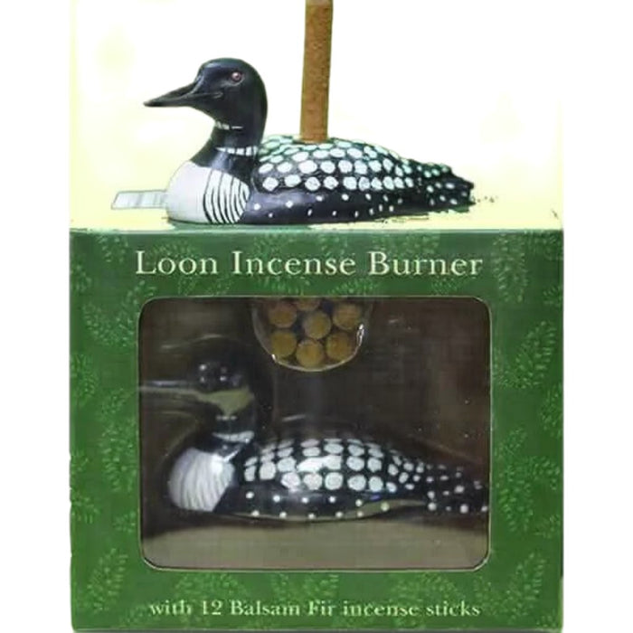 Paines Incense Loon Holder set with 12 Balsam Fir logs in a green box for a fresh pine woodland scent experience.