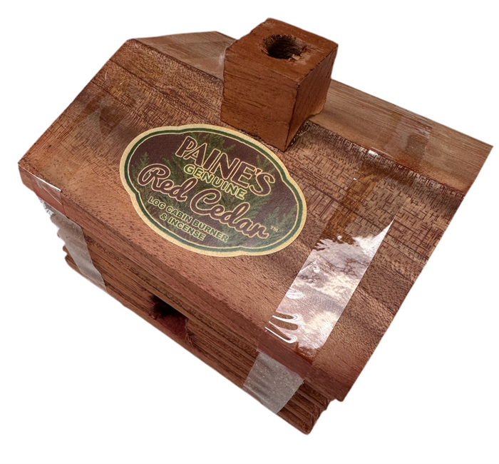 Paines Red Cedar 10 Incense Cones, log cabin box, plastic-wrapped with scent hole for aromatic woody fragrance.