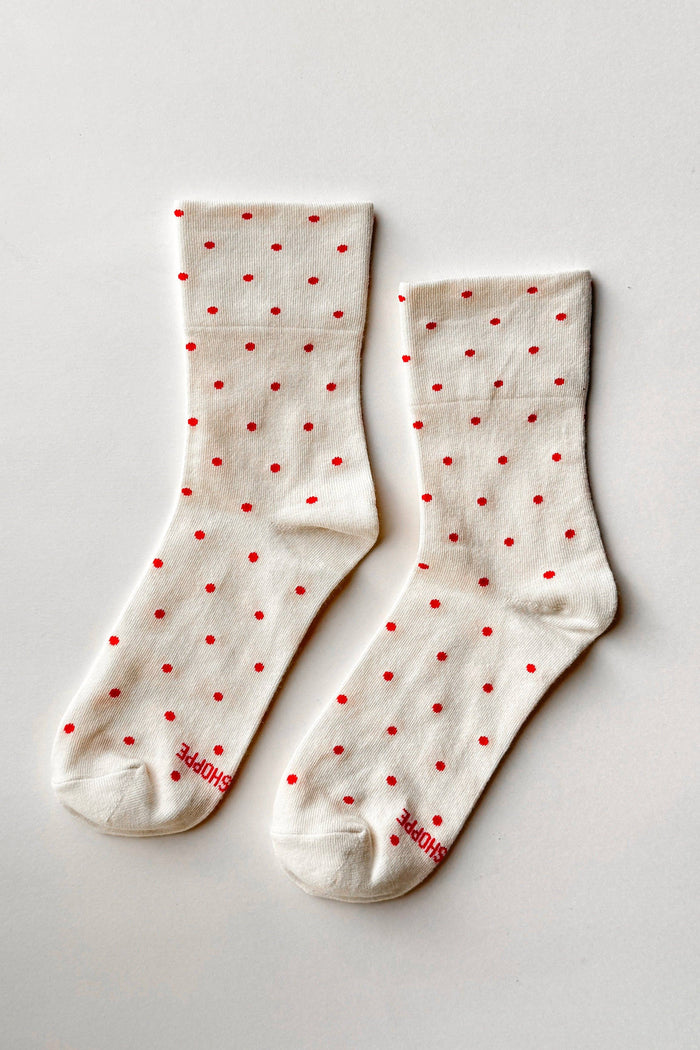 Patterned Sneaker Socks - Polka Dot Cream/Red