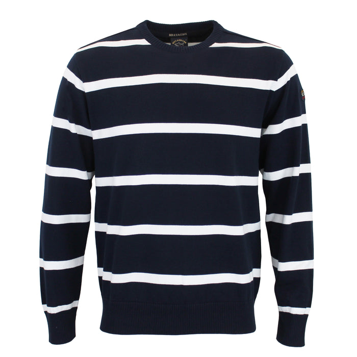 Paul & Shark - Crew Neck Striped Cotton Jumper in Navy & White - Nigel Clare