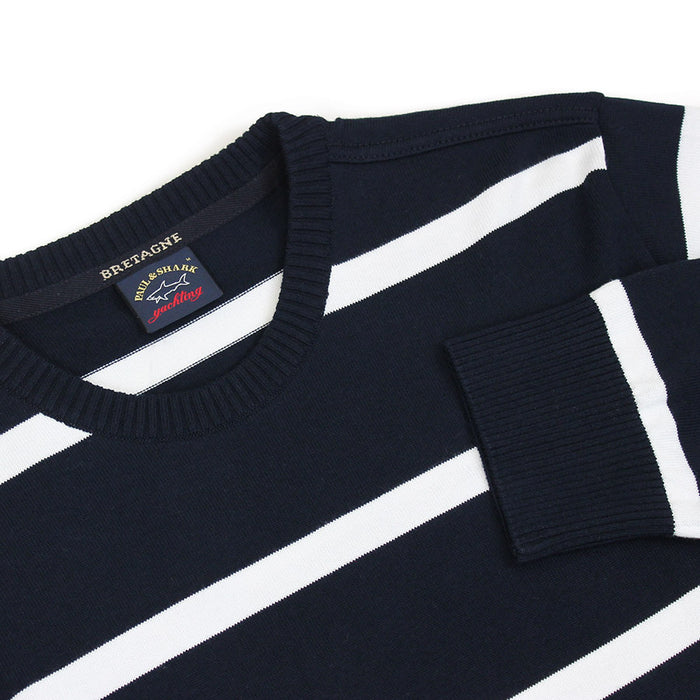 Paul & Shark - Crew Neck Striped Cotton Jumper in Navy & White - Nigel Clare