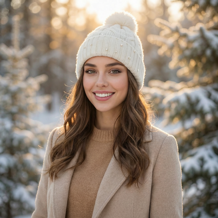 Pearl Faux fur PomPom Hat - Cotton White