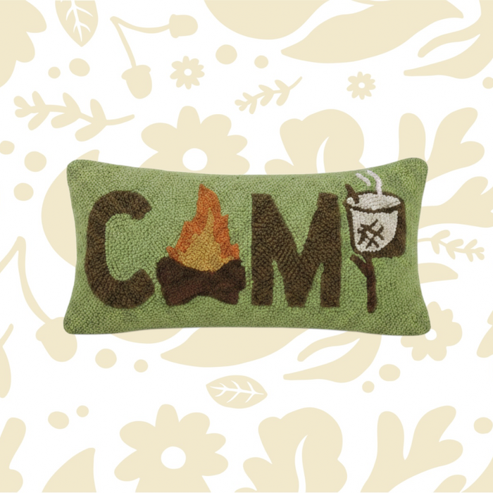 Peking CAMP Marshmallow Wool Hook Cushion, 18x9”. Cabin decor with campfire and marshmallow design for cozy homes.