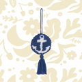 The Peking Handicraft Hanging Anchor Decoration features a blue crochet tassel with a white anchor design in the center, attached by a blue string loop and equipped with a poly hook for easy hanging.