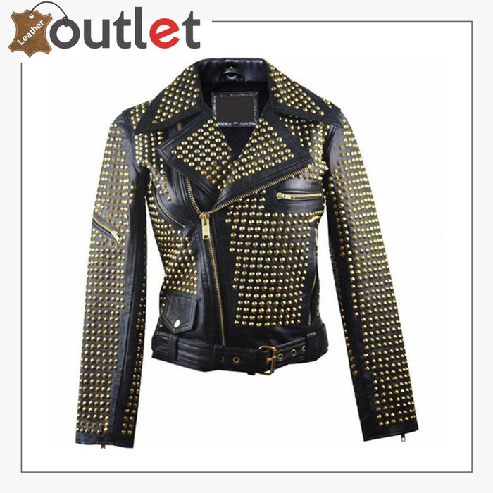 Personalized zipper short studded leather jacket in black with hand-set silver studs, front view