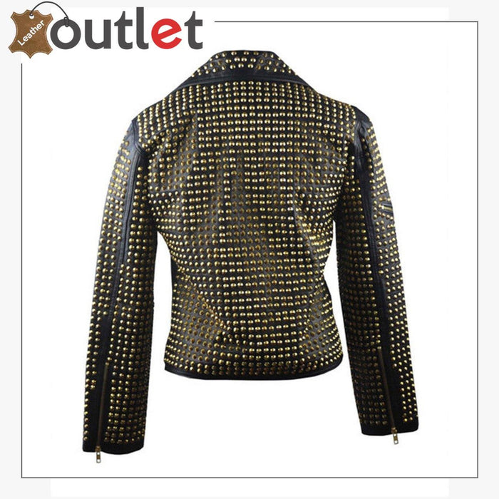 Back view of the cropped studded leather jacket showing stud placement across the shoulders
