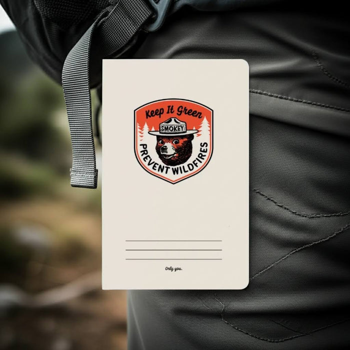 Forager Provisions LTD Smokey Bear mini notebook with a white cover and vintage wildfire prevention graphic