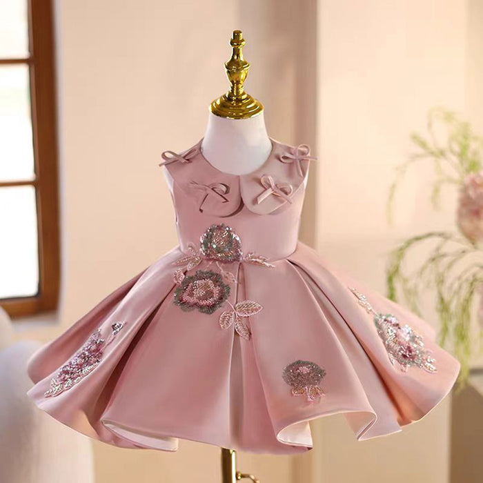 Pink Appliques Flower Girl Dress for Princess Kids 1st Birthday Party J483