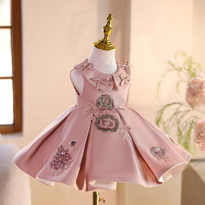 Pink Appliques Flower Girl Dress for Princess Kids 1st Birthday Party J483