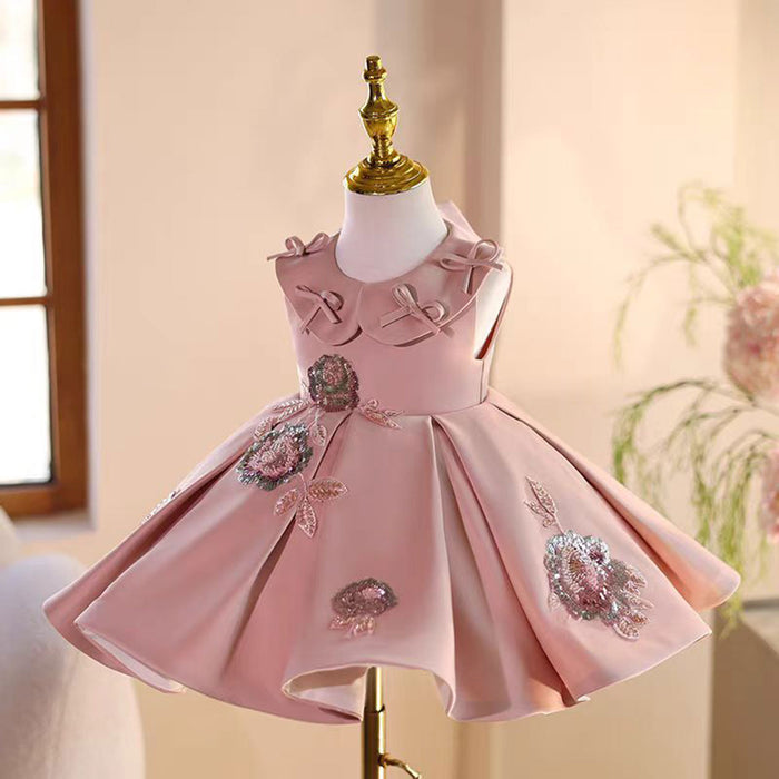 Pink Appliques Flower Girl Dress for Princess Kids 1st Birthday Party J483