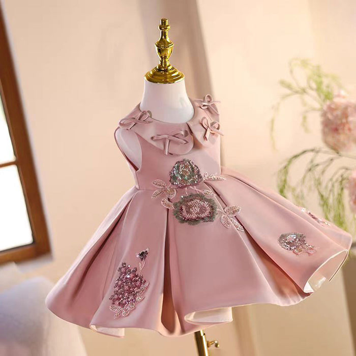 Pink Appliques Flower Girl Dress for Princess Kids 1st Birthday Party J483