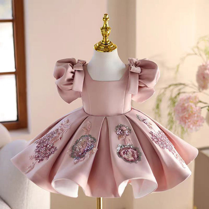Pink Appliques Flower Girl Dress for Princess Kids 1st Birthday Party J483