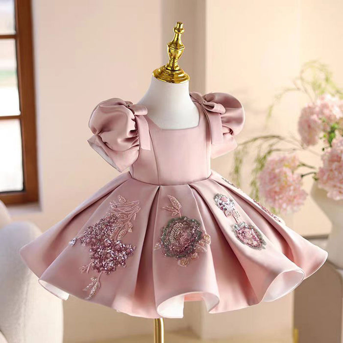 Pink Appliques Flower Girl Dress for Princess Kids 1st Birthday Party J483