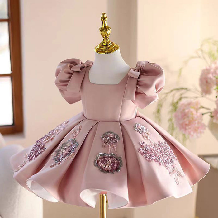 Pink Appliques Flower Girl Dress for Princess Kids 1st Birthday Party J483
