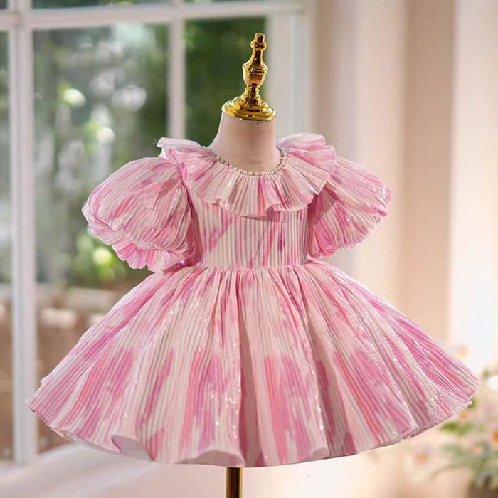 Pink Flower Girl Dress for Princess Kids 1st Birthday Party Knee Length Gown J767