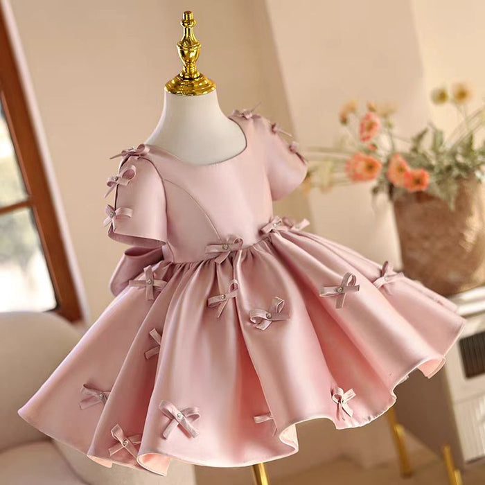 Pink Girl Dress Bowed for Kids Birthday Party Ball Gown J720