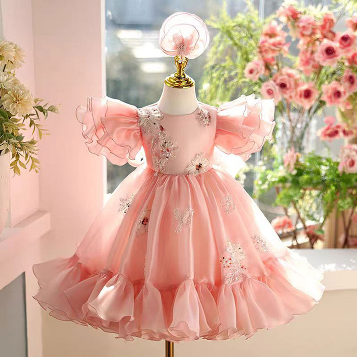 Pink Girl Dress Lace Beads Toddler Kids 1st Birthday Party Gown J448