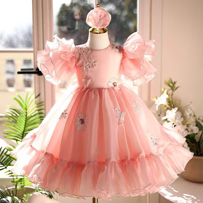 Pink Girl Dress Lace Beads Toddler Kids 1st Birthday Party Gown J448