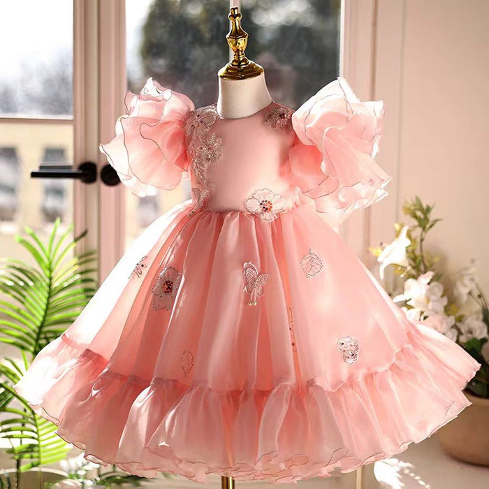 Pink Girl Dress Lace Beads Toddler Kids 1st Birthday Party Gown J448