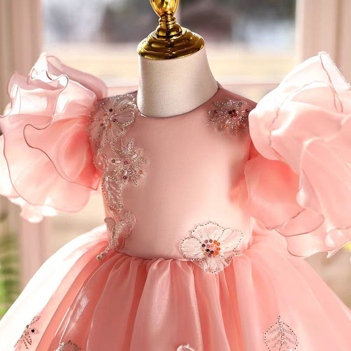 Pink Girl Dress Lace Beads Toddler Kids 1st Birthday Party Gown J448