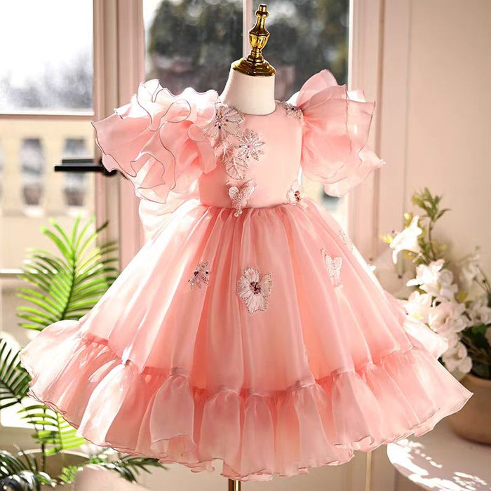 Pink Girl Dress Lace Beads Toddler Kids 1st Birthday Party Gown J448