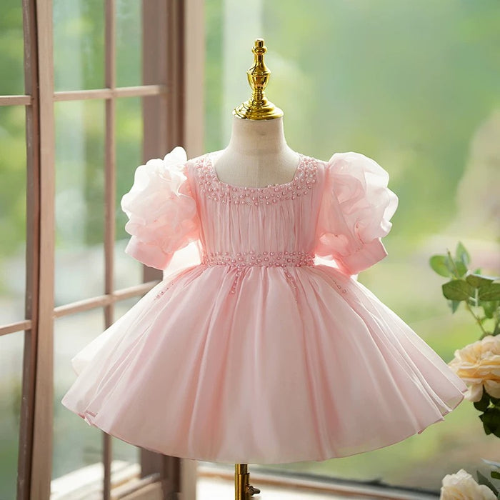 Pink Girl Dress Pearl Beaded for Pageant Birthday Party J416