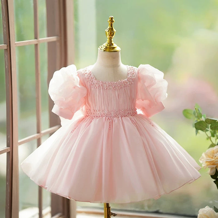 Pink Girl Dress Pearl Beaded for Pageant Birthday Party J416