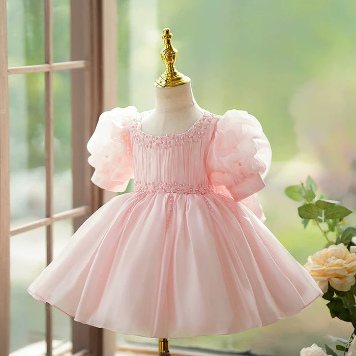 Pink Girl Dress Pearl Beaded for Pageant Birthday Party J416