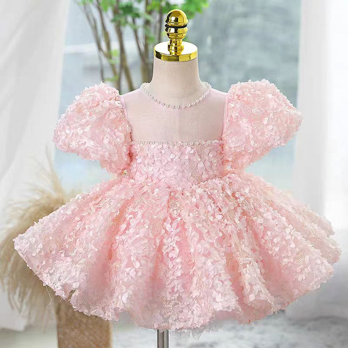 Pink Girl Dress Pearls Arab Kids Princess Party Holiday Gown J730
